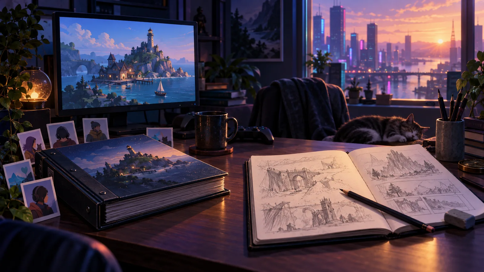 A completed game's storyboard binder sits beside a fresh sketchbook on a developer's desk at dawn.
