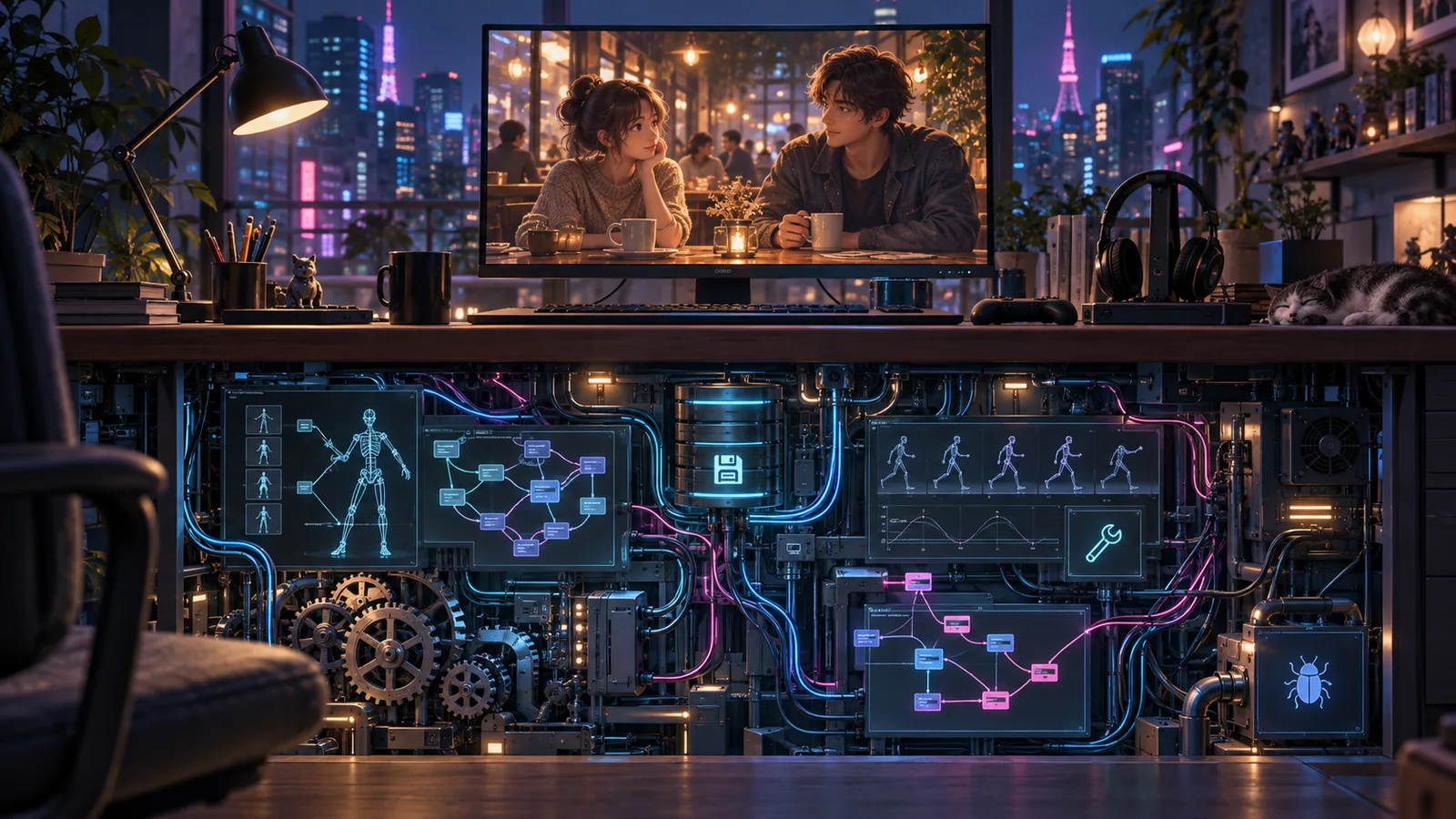 A polished cafe scene on a monitor sits above a cutaway of animation rigs, save systems, and interconnected development tools.