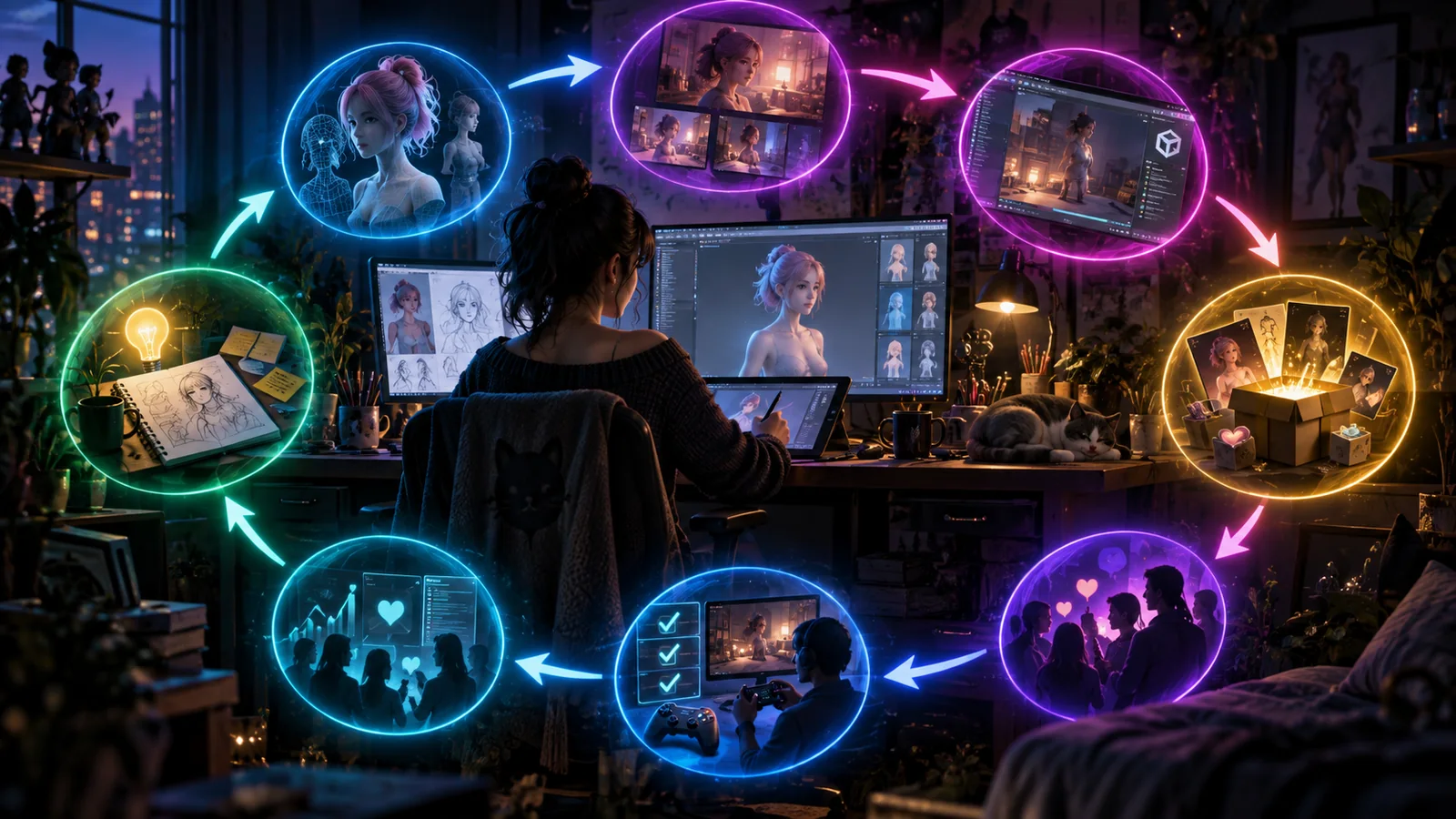 A creator's workstation sits inside a circular workflow connecting concept art, character production, scenes, builds, testing, supporters, and the next update.