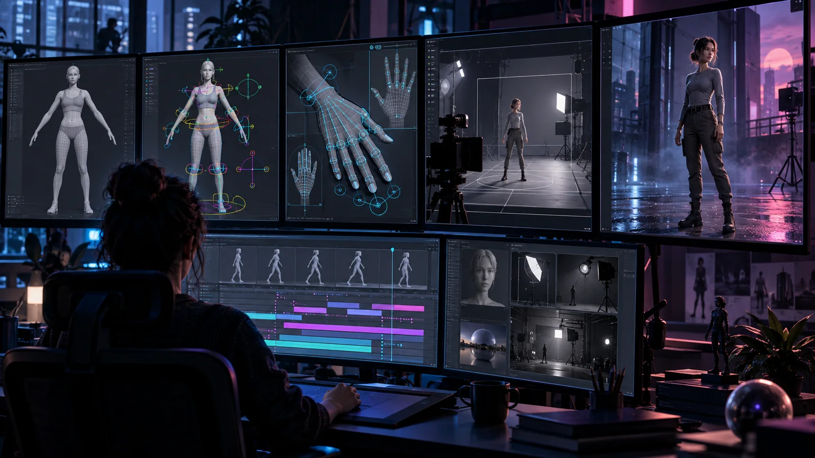 A digital artist progresses from a rigged character and detailed hand controls through animation, lighting, and a final scene render.