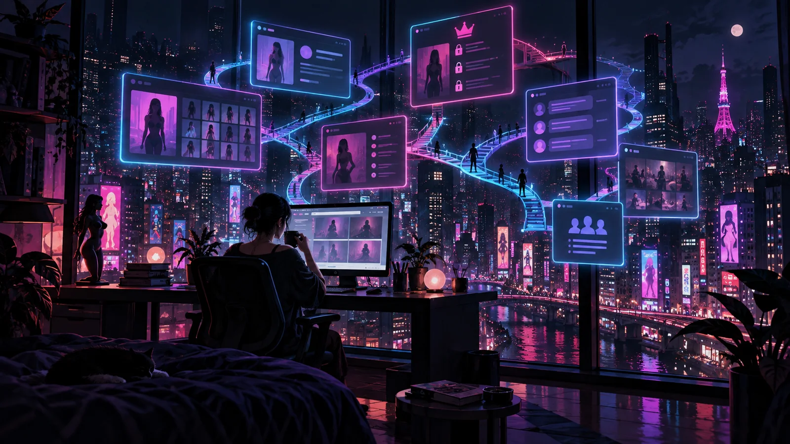 A reader at a computer overlooking a neon city filled with branching digital storefronts and creator pages.