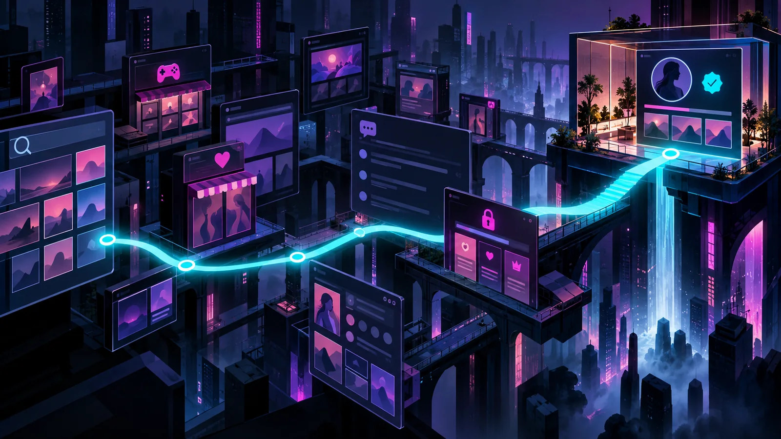 A glowing cyan route passes through many digital listings and ends at a verified creator page.