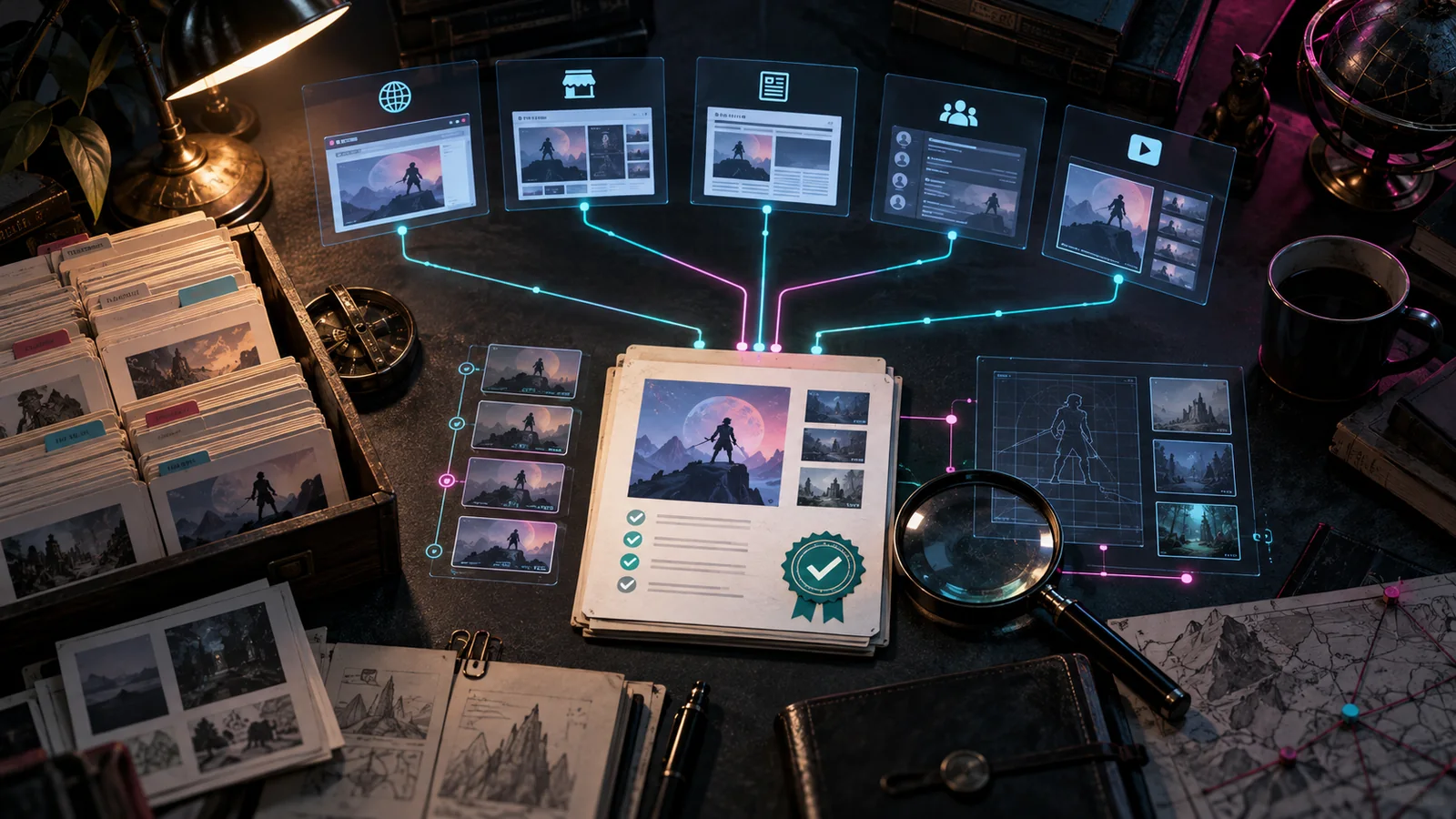 An archivist's desk connects storefront, creator, community, and version records to one verified game file.