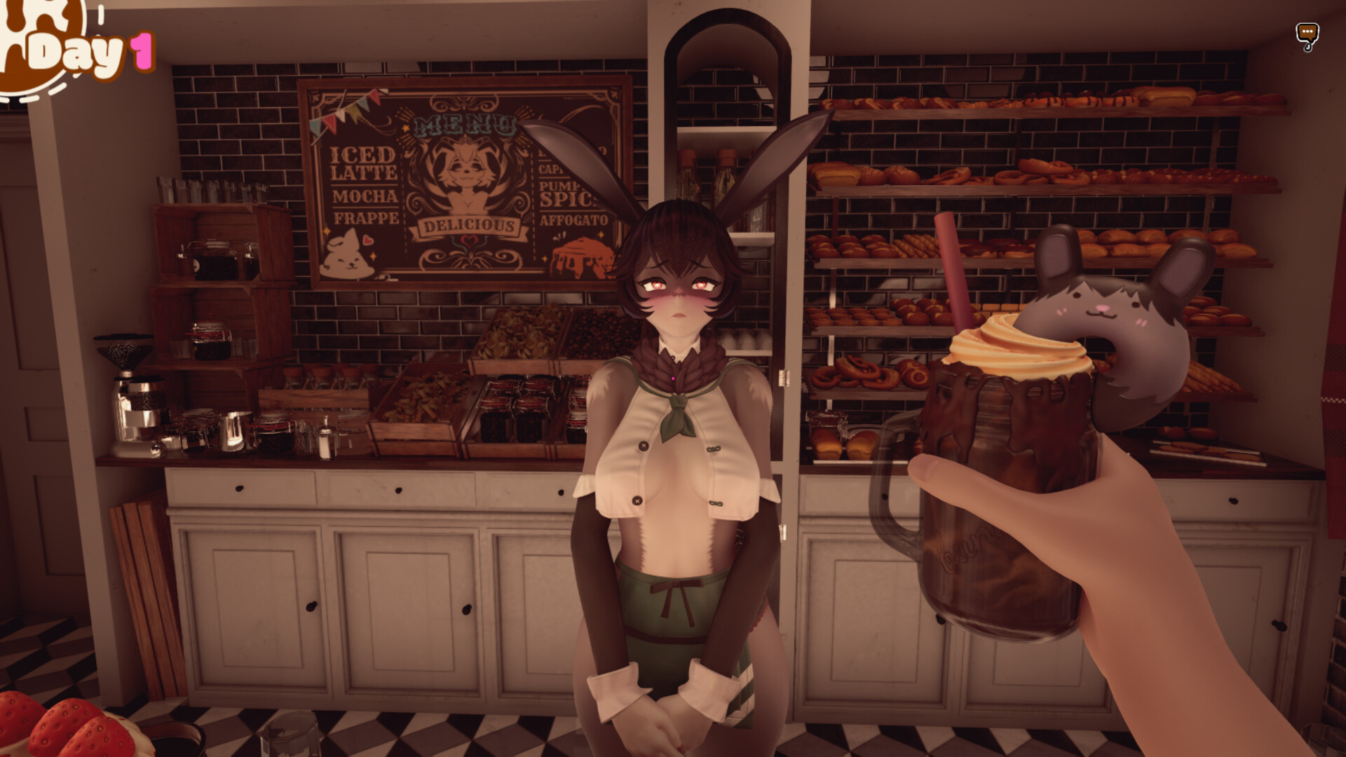 First-person view of Muffin at the coffee-shop counter